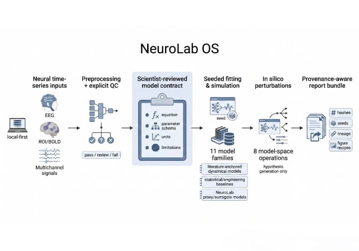 NeuroLab OS workflow diagram showing input data, quality control, model contract, seeded fitting, in silico perturbation, and provenance reporting